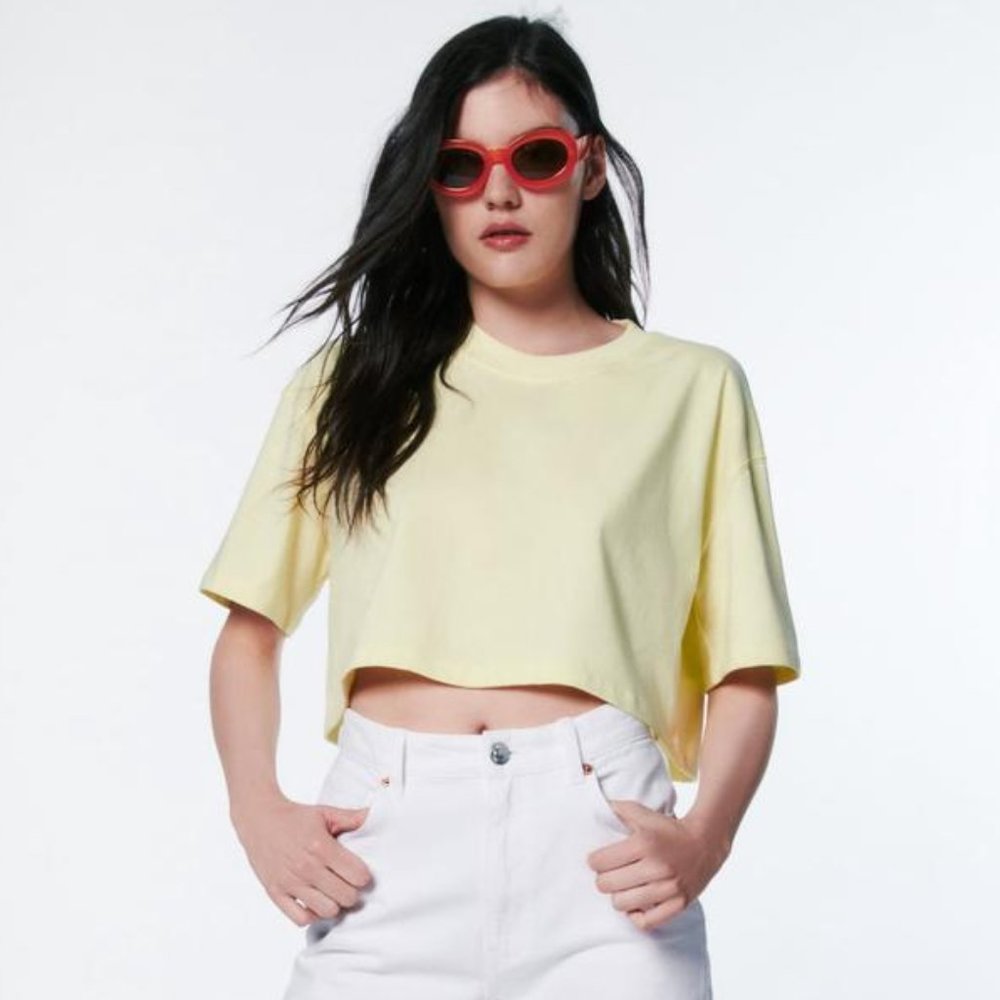 NWT ZARA LIME GREEN RELAXED FIT CROPPED TOP LARGE Butter Yellow